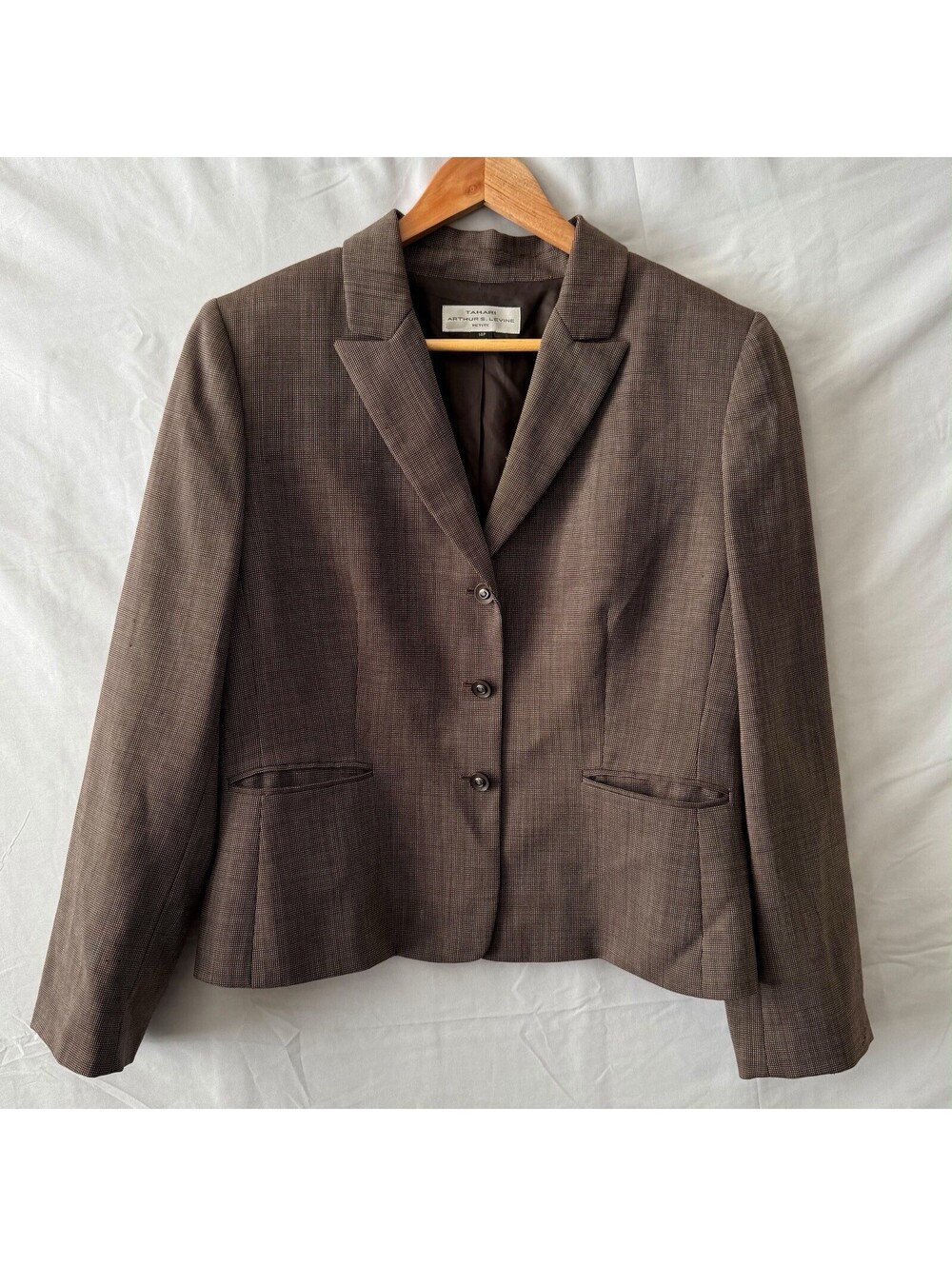 Tahari Blazer 14P Brown Micro Houndstooth Petite Suit Jacket Pockets